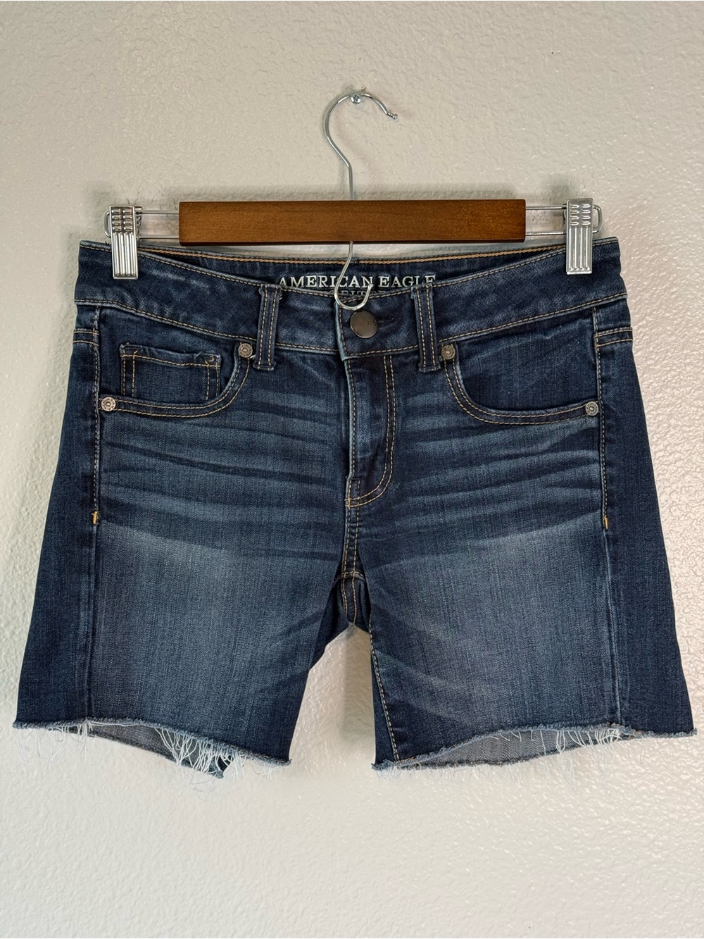 American Eagle Midi Denim Shorts Dark Wash Super Stretch Size 2